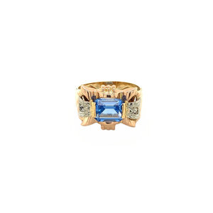 Gouden retro ring met blauwe spinel en zirkonia 18 krt
