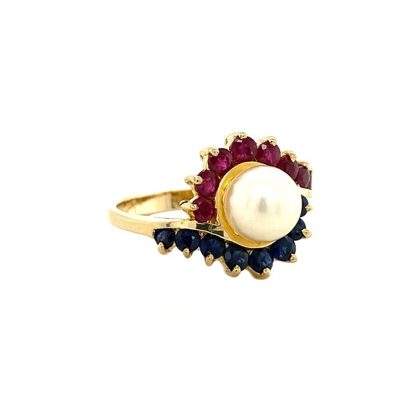 Gold ring with sapphire, ruby and pearl 14 krt