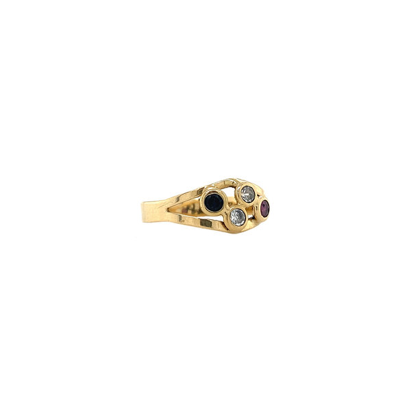 Gouden ring met robijn, saffier en zirkonia 14 krt