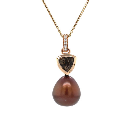 Gold pendant with diamond, smoke topaz and pearl 14 crt