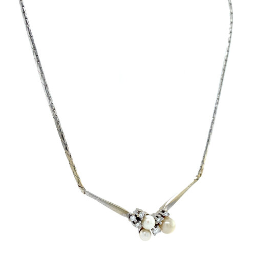 Witgouden choker met diamant en parel 40 cm 14 krt