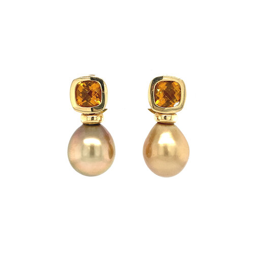 Gold stud earrings with pearl and citrine 14 crt