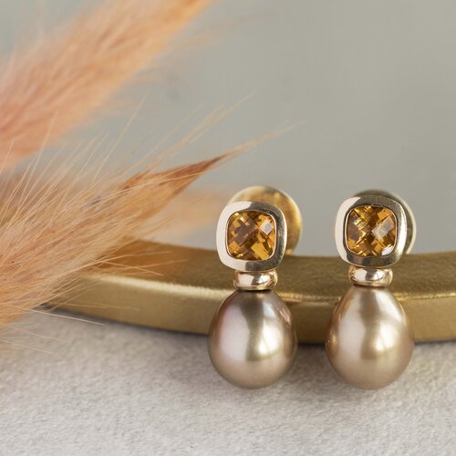 Gold stud earrings with pearl and citrine 14 crt