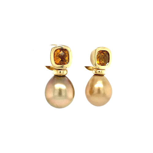 Gold stud earrings with pearl and citrine 14 crt