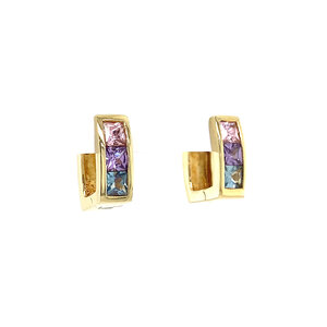 Gold folding hoop earrings with colored stone 14 crt
