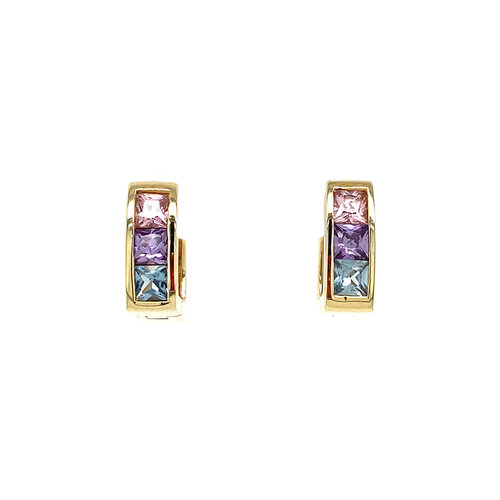 Gold folding hoop earrings with colored stone 14 crt