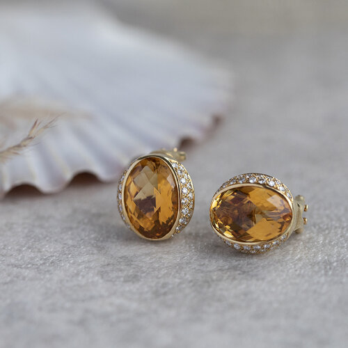 Gold ear jewelry with citrine and diamond 18 crt