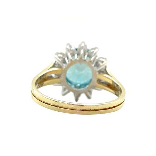Gold entourage ring with diamond and blue zircon 14 crt