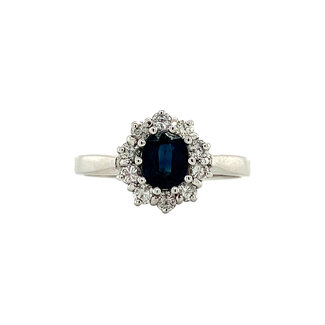 White gold entourage ring with diamond and sapphire 14 kt* new