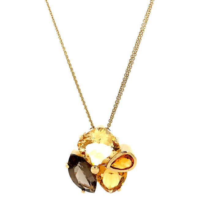 Gold necklace with citrine and smoky quartz pendant 14 crt