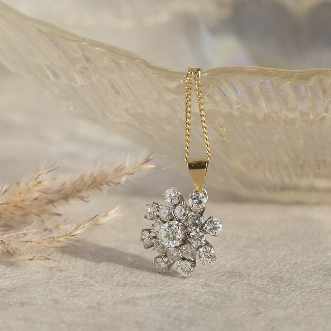 Bicolour gouden entourage hanger met diamant 14 krt