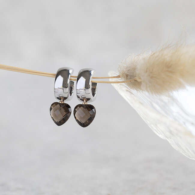 Weißgoldene Klappcreolen mit Rauchquarz 18 kt