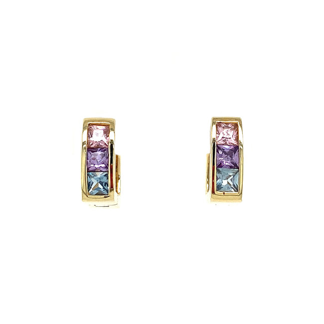 Gold hinged hoop earrings with colored stone 14 kt
