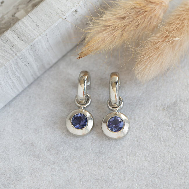 White gold hinged hoop earrings with iolite from Bron Jewelry 14 kt