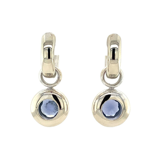 White gold hinged hoop earrings with iolite from Bron Jewelry 14 kt