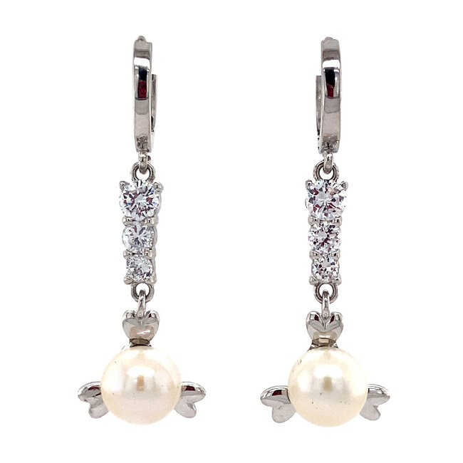 Weißgoldene Ohrringe mit Zirkonia und Perle 14 kt