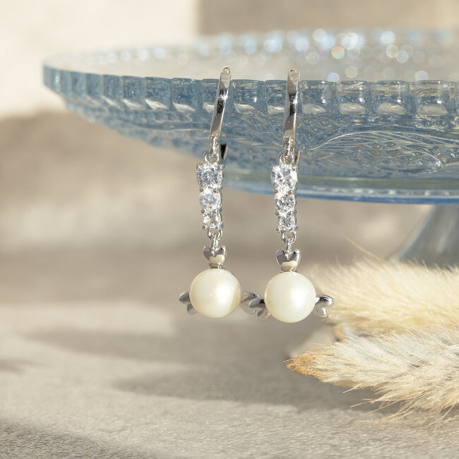 White gold earrings with zirconia and pearl 14 kt