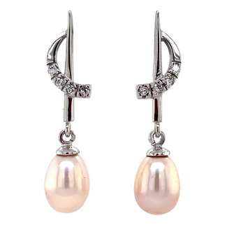 White gold ear studs with pearl and zirconia 14 kt