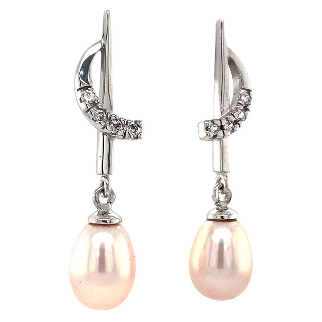 Weißgoldene Ohrstecker mit Perle und Zirkonia 14 kt