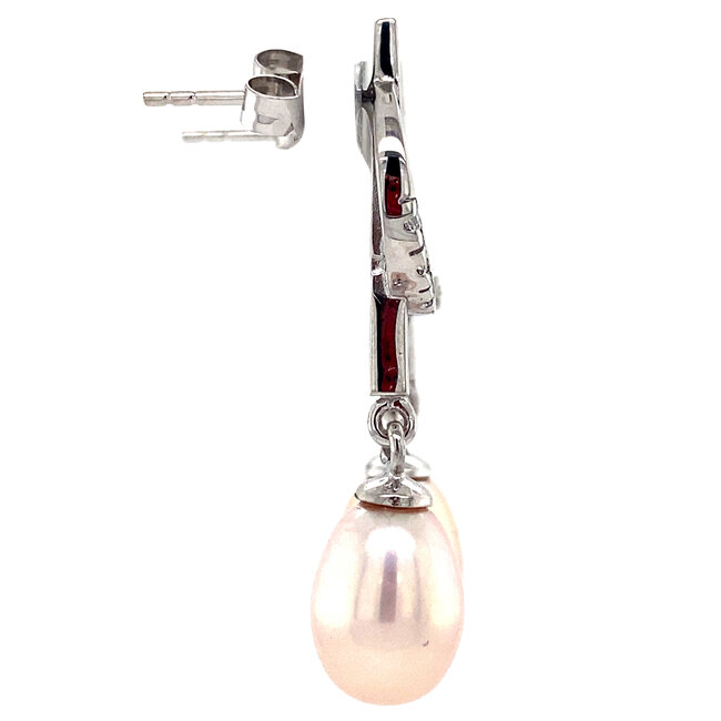 White gold stud earrings with pearl and zirconia 14 kt