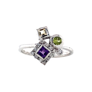 Witgouden ring met diamant en kleurstenen 14 krt