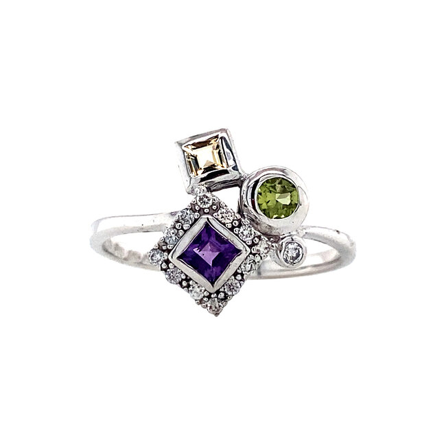 Weißgoldring mit Diamant und Farbsteinen 14 Karat