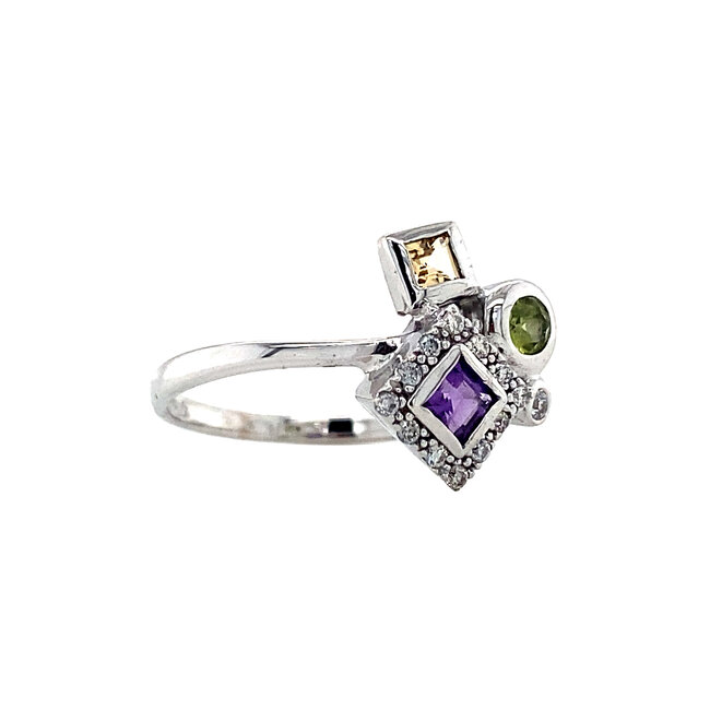 White gold ring with diamond and colored gemstones 14 kt