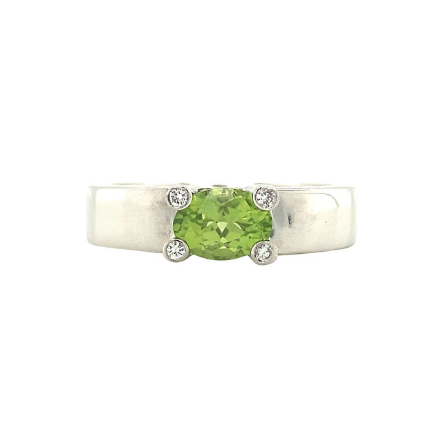 White gold ring with peridot and diamond 14 kt