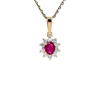 Gouden entourage hanger met diamant en robijn 14 karaat* Nieuw