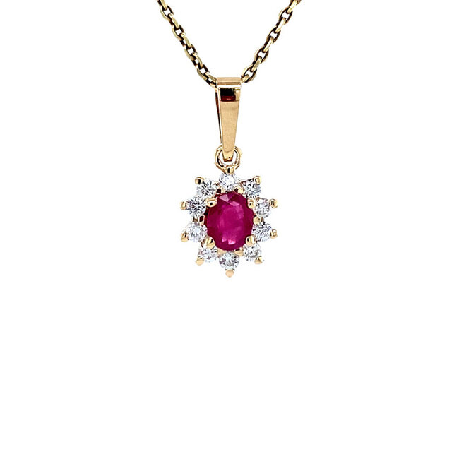 Gouden entourage hanger met diamant en robijn 14 karaat* Nieuw