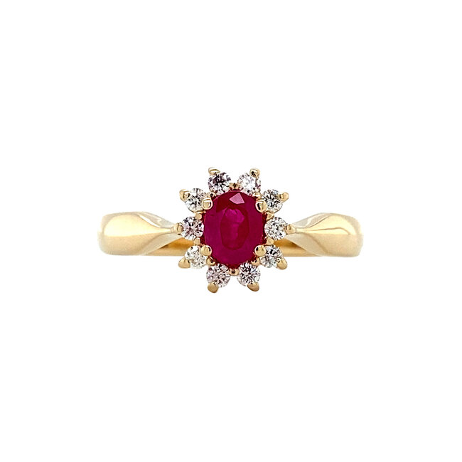 Gold entourage ring with diamond and ruby 14 carat* New