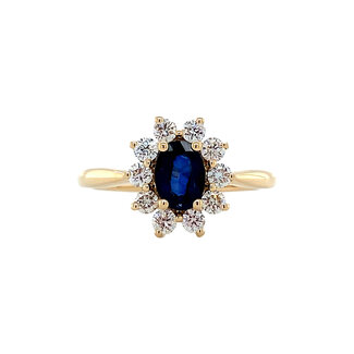 Gouden entourage ring met diamant en saffier 14 karaat* Nieuw