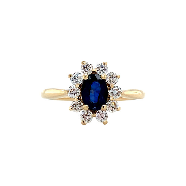 Gouden entourage ring met diamant en saffier 14 karaat* Nieuw