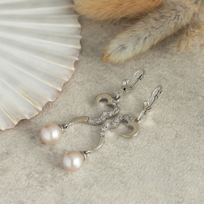 White gold earrings with pearl and zirconia 14 kt