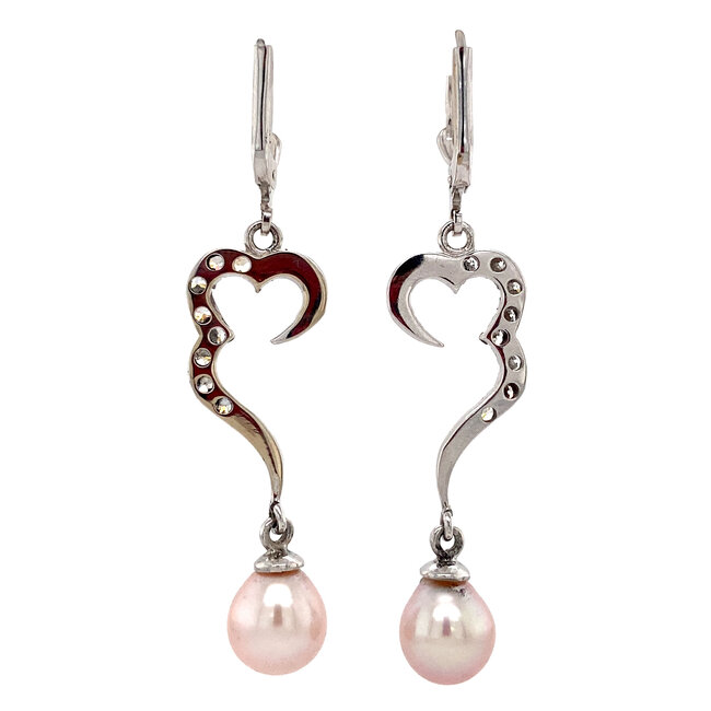 Witgouden oorhangers met parel en zirkonia 14 krt