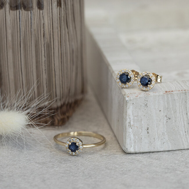 Gouden entourage ring met saffier en diamant 14 karaat* Nieuw