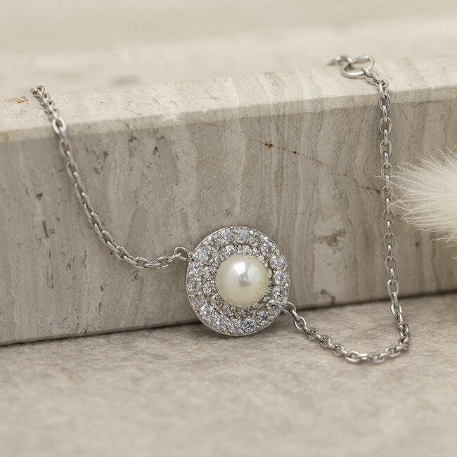 Weißgoldenes Armband mit Perle und Zirkonia 17 cm 18 Karat