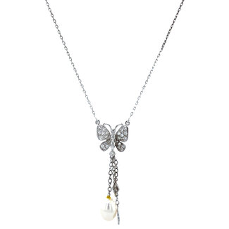 Weißgoldenes Collier mit Diamant-Schmetterling und Perle 42 cm 18 Karat