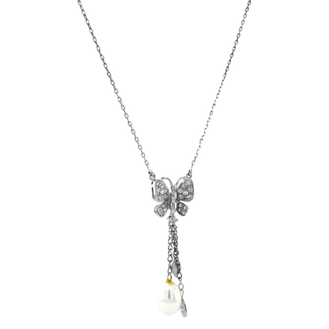 Witgouden collier met diamant vlinder en parel 42 cm 18 karaat