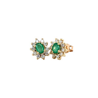 Gouden entourage oorstekers met diamant en smaragd 14 karaat* Nieuw