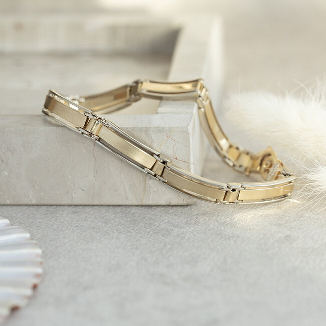 Gouden schakel armband bicolour 21 cm 14 karaat