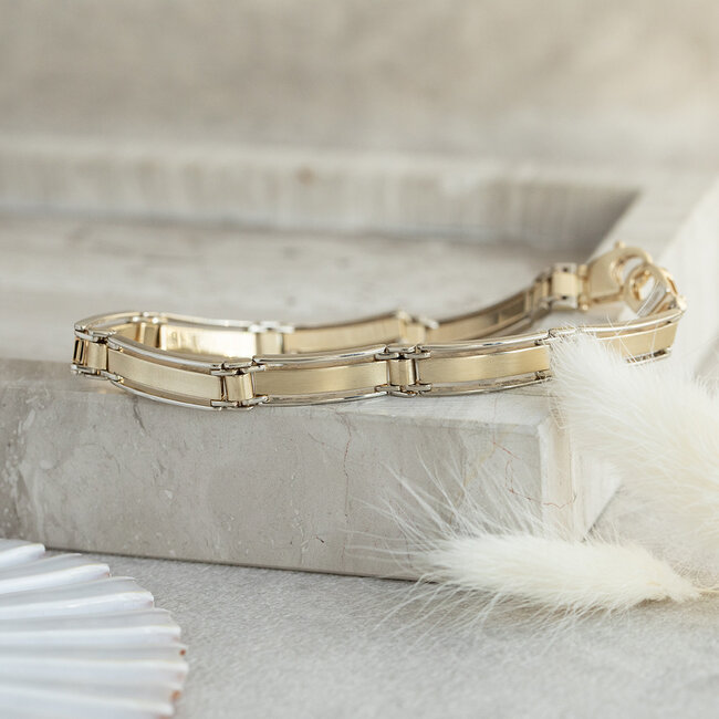 Gouden schakel armband bicolour 21 cm 14 karaat