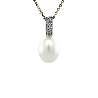 Witgouden hanger met parel en diamant 14 karaat