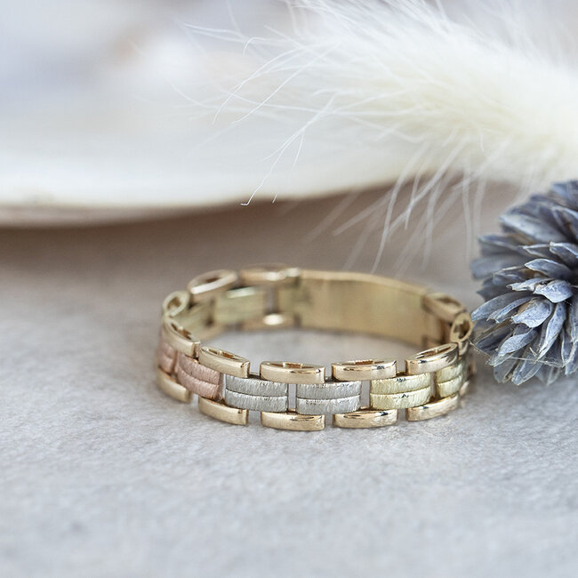 Tricolour gouden rolex ring 14 karaat