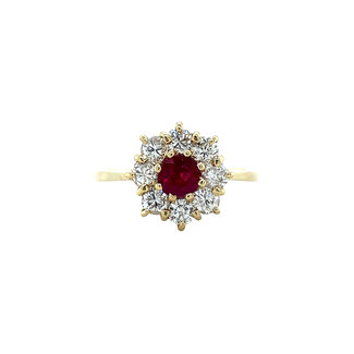 Gold entourage ring with ruby and diamond 14 carat