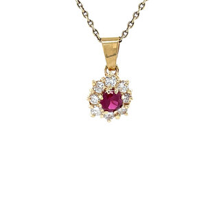 Gold entourage pendant with ruby and diamond 14 carat