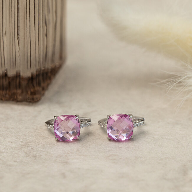 Weißgoldene Klappcreolen mit rosa Saphir und Diamant 18 Karat