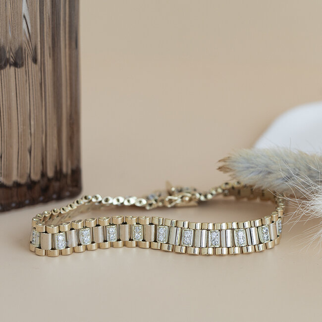 Gouden rolex armband met zirkonia 19.5 cm 14 karaat