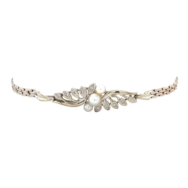 White gold bracelet with pearl and diamond 17.5 cm 14 kt