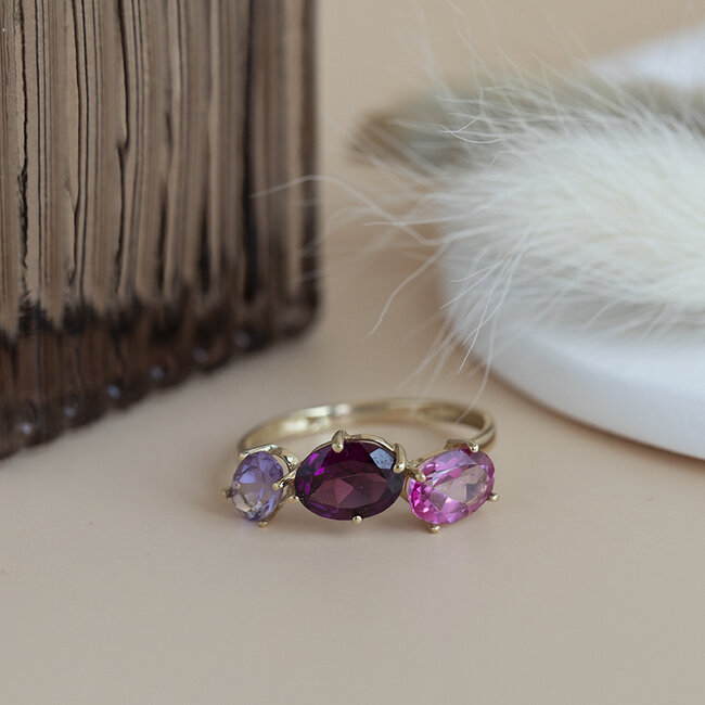 Gold ring with Garnet, Topaz and Amethyst 14 kt*new